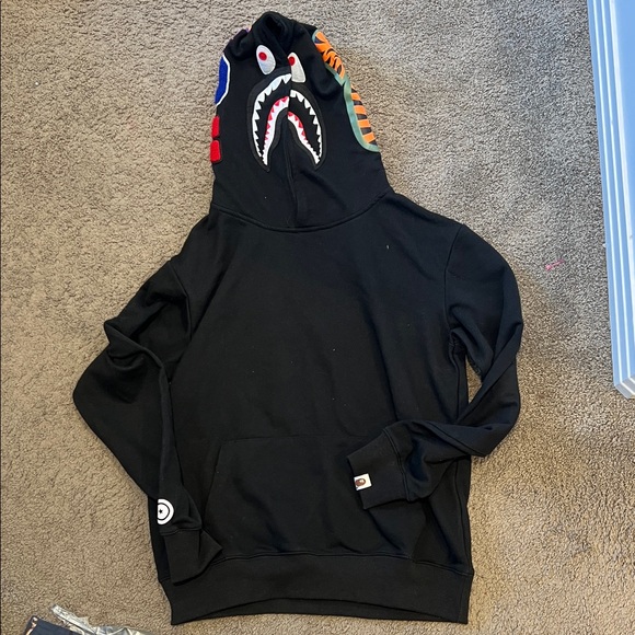 Bape Black Shark-Print Crewneck Hoodie with Multicolor Accents